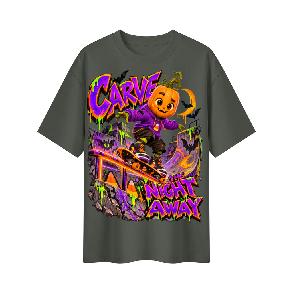 Halloween Pumpkin Skateboard Oversized Graphic T-Shirt - Carve the Night Away - Unisex