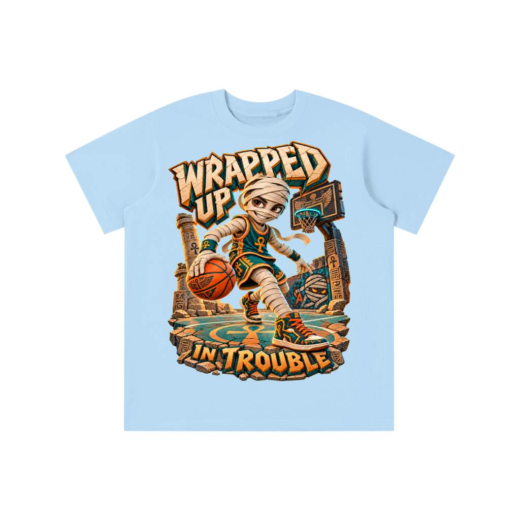 Halloween Mummy Basketball Graphic T-Shirt - Wrapped Up in Trouble - Youth Unisex Tee