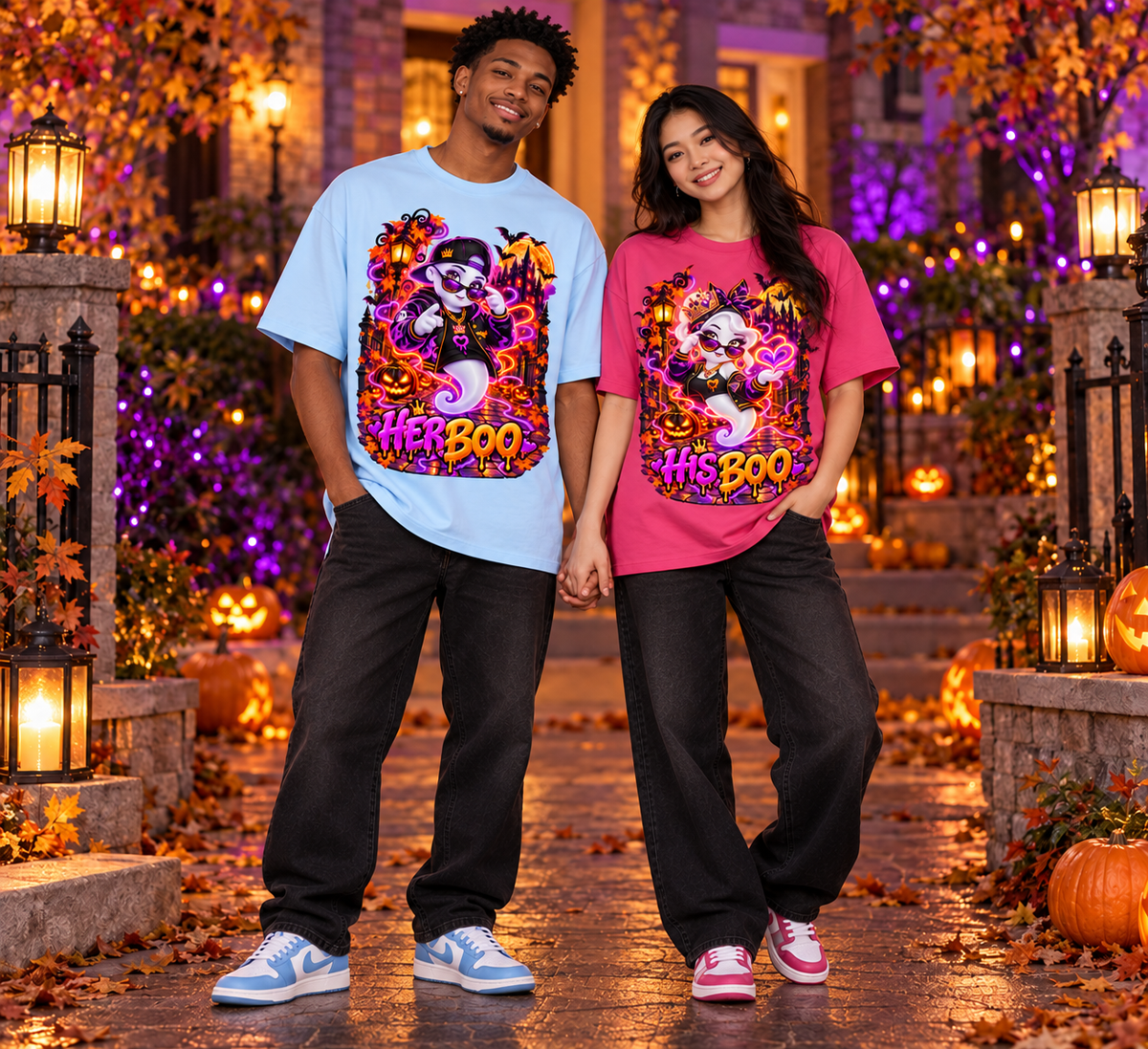 Halloween Her Boo Ghost Oversized Graphic T-Shirt - Couples Halloween Tee - Unisex