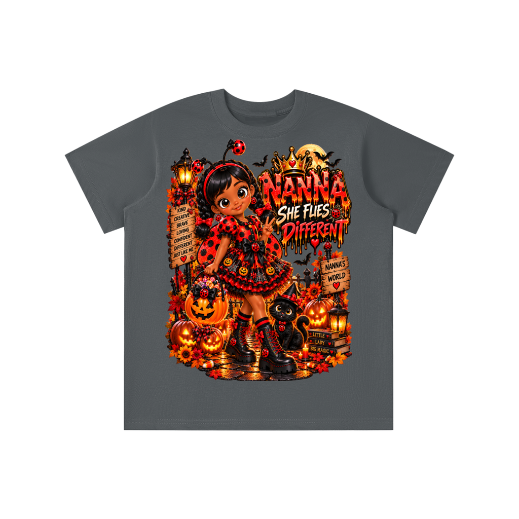 Nanna’s World™ Dream Big Halloween Ladybug Girl Graphic T-Shirt - She Flies Different - Youth Unisex Tee