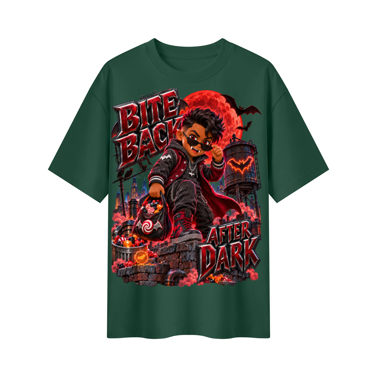Halloween Kid Vampire Oversized Graphic T-Shirt - Bite Back After Dark - Unisex