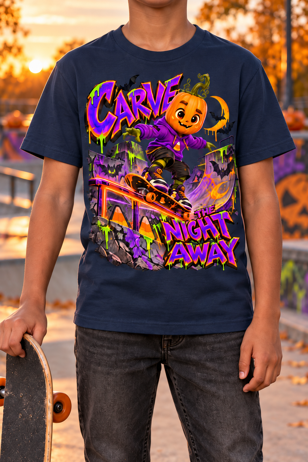 Halloween Pumpkin Skateboarder Graphic T-Shirt - Carve the Night Away - Youth Unisex Tee