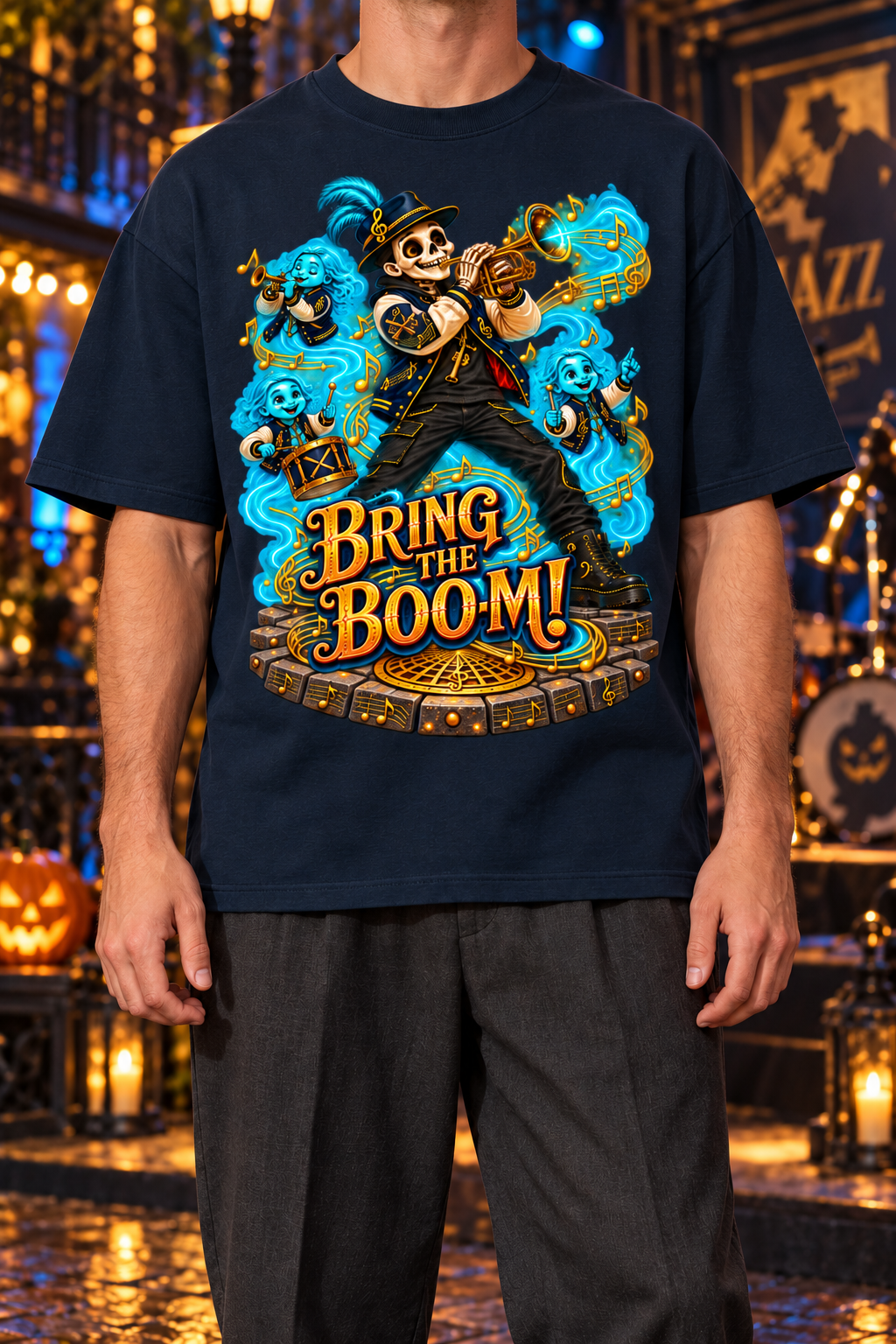 Halloween Bring the Boom Ghost Band Oversized Graphic T-Shirt - Unisex