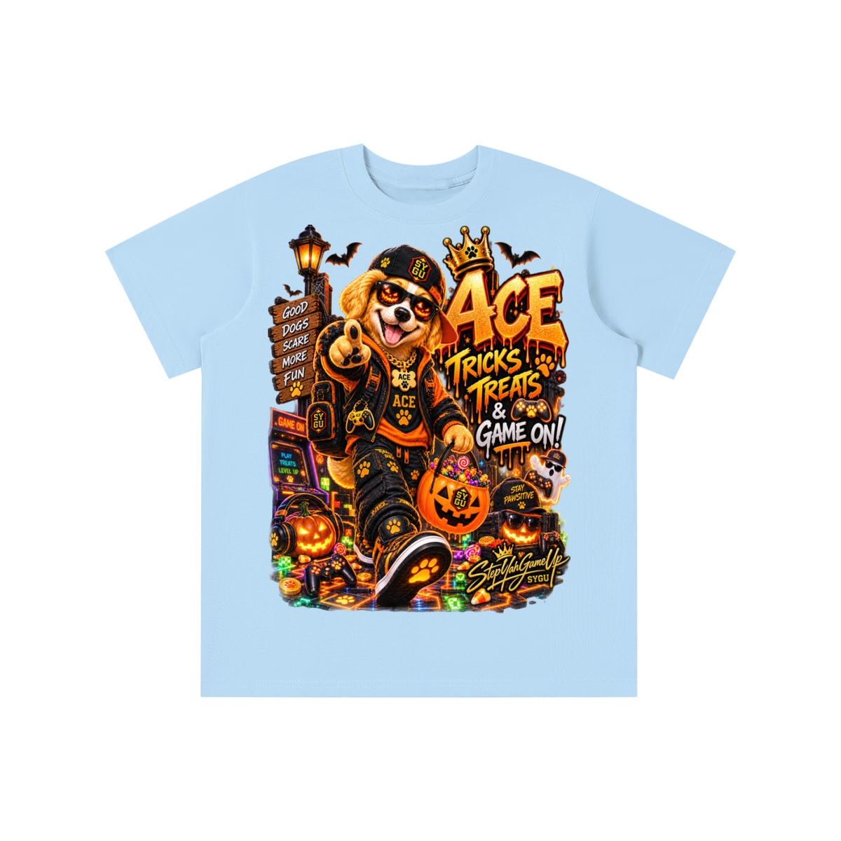 StepYahGameUp Halloween Gamer Dog Graphic T-Shirt - Tricks & Treats, Game On! - Youth Unisex Tee