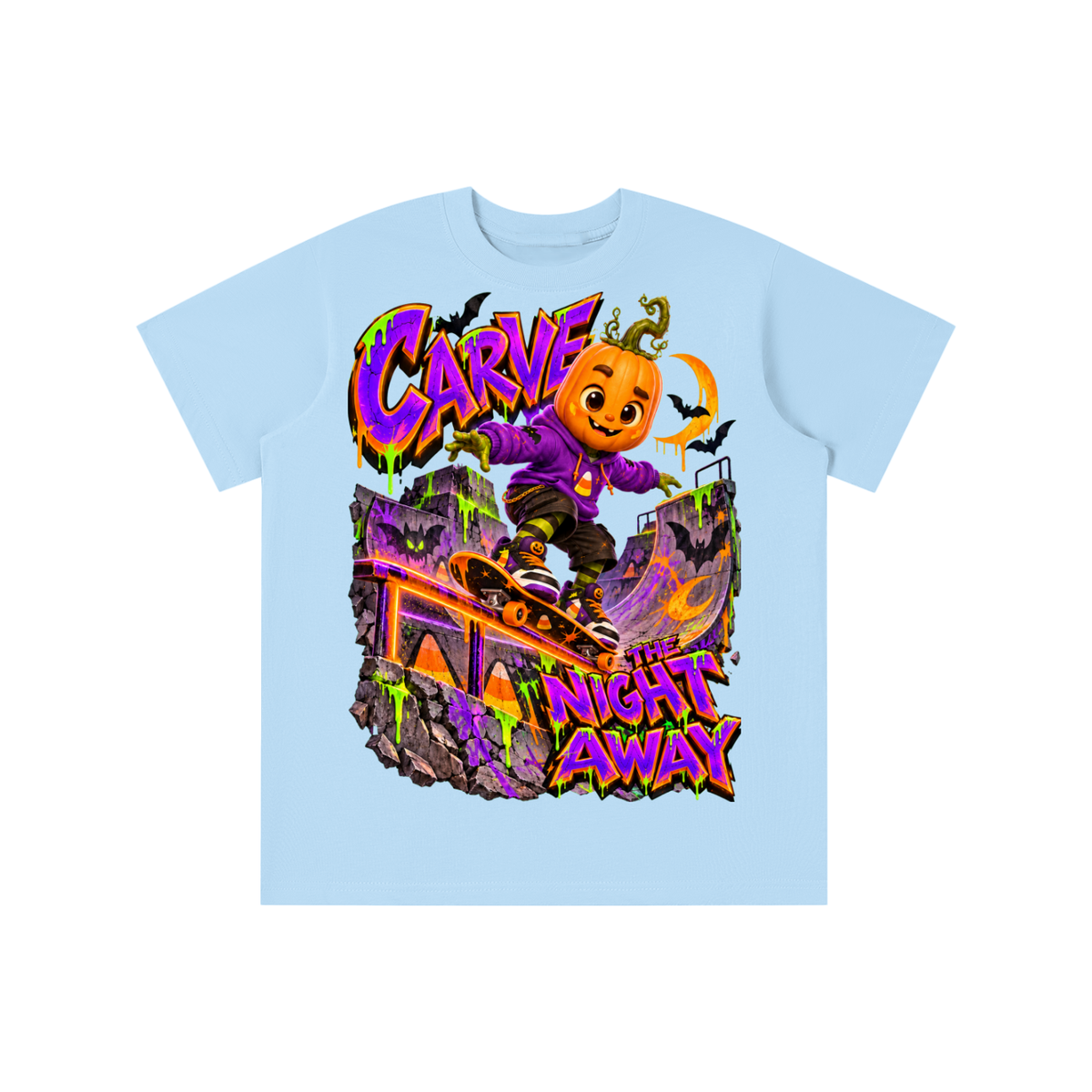 Halloween Pumpkin Skateboarder Graphic T-Shirt - Carve the Night Away - Youth Unisex Tee