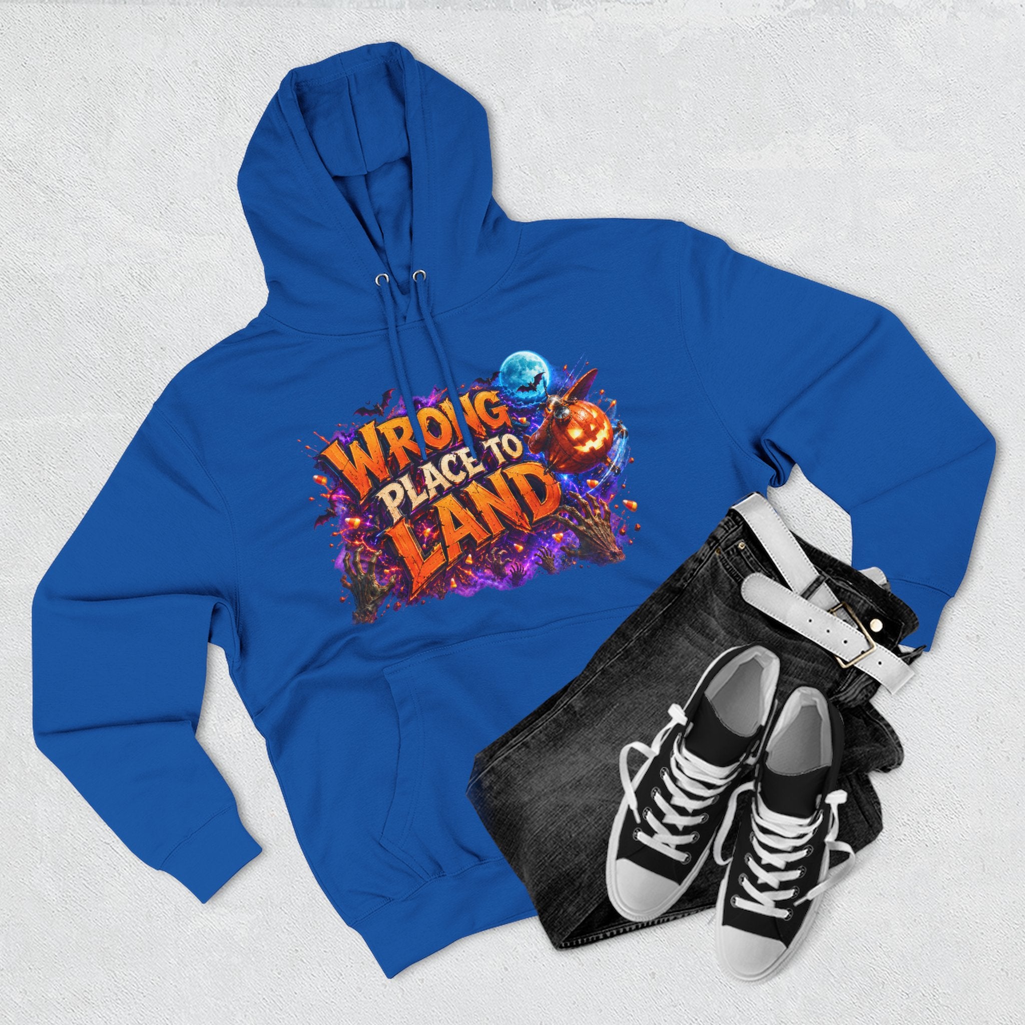Wrong Place to Land — Candy Corn Sky Captain Halloween Hoodie | Adult Unisex
