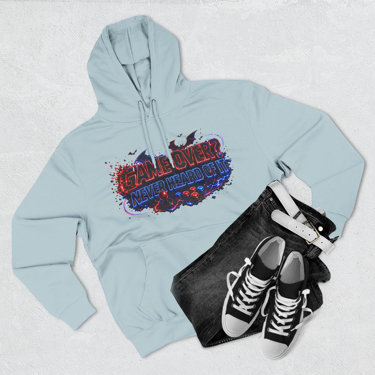 Game Over? Never Heard of It — Midnight Bat Arcade Halloween Hoodie | Adult Unisex