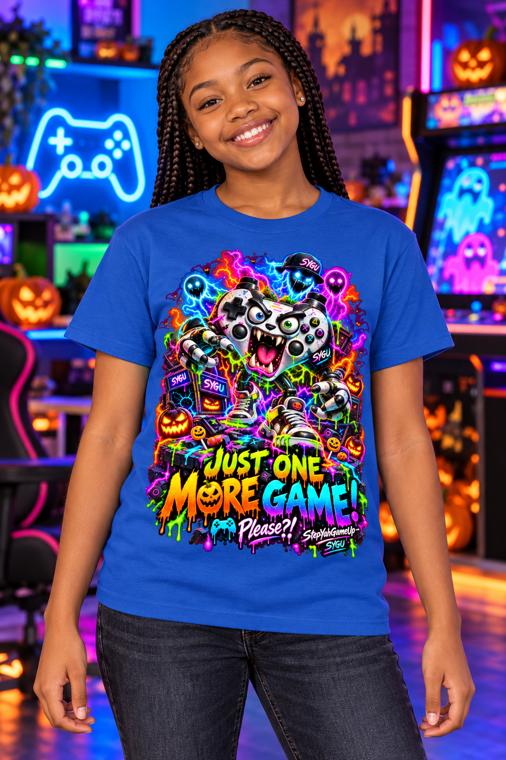 StepYahGameUp™ Halloween Just One More Game Please Graphic T-Shirt - Youth Unisex Tee