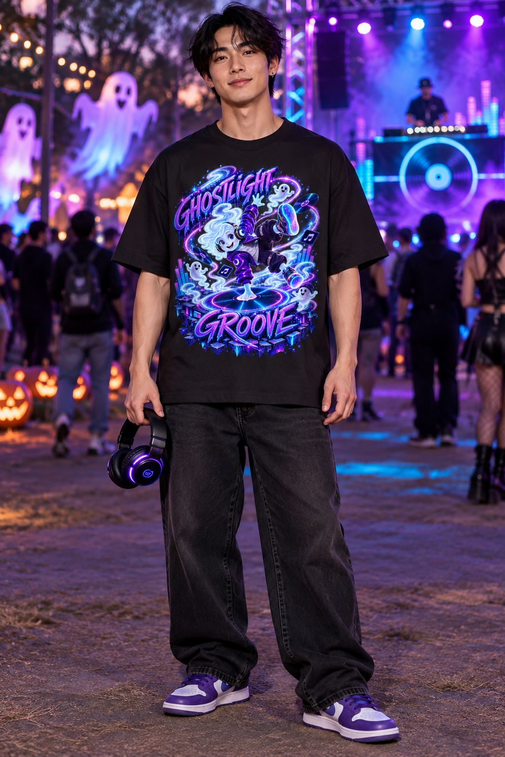 Halloween Ghostlight Groove Ghost DJ Oversized Graphic T-Shirt - Unisex
