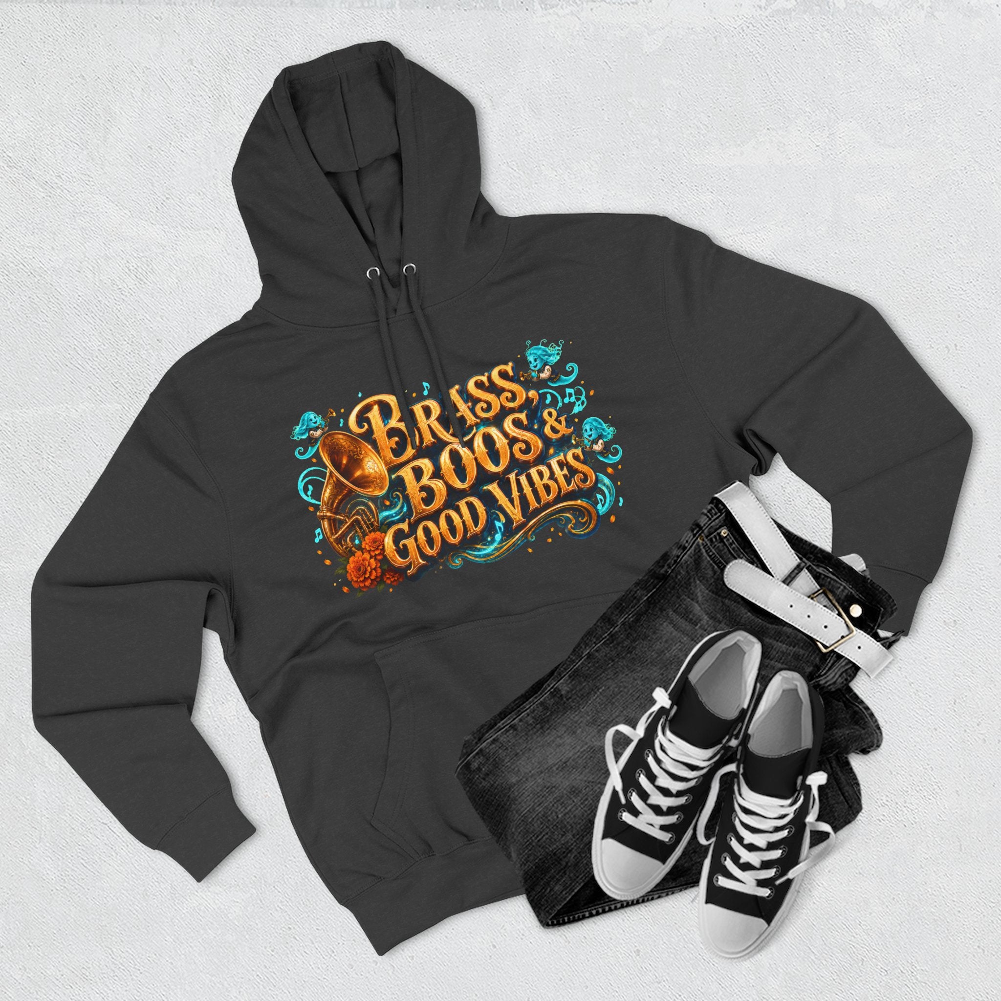 Brass, Boos & Good Vibes — Skeleton Brass Parade Halloween Hoodie | Adult Unisex