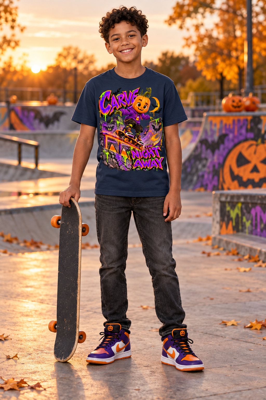Halloween Pumpkin Skateboarder Graphic T-Shirt - Carve the Night Away - Youth Unisex Tee
