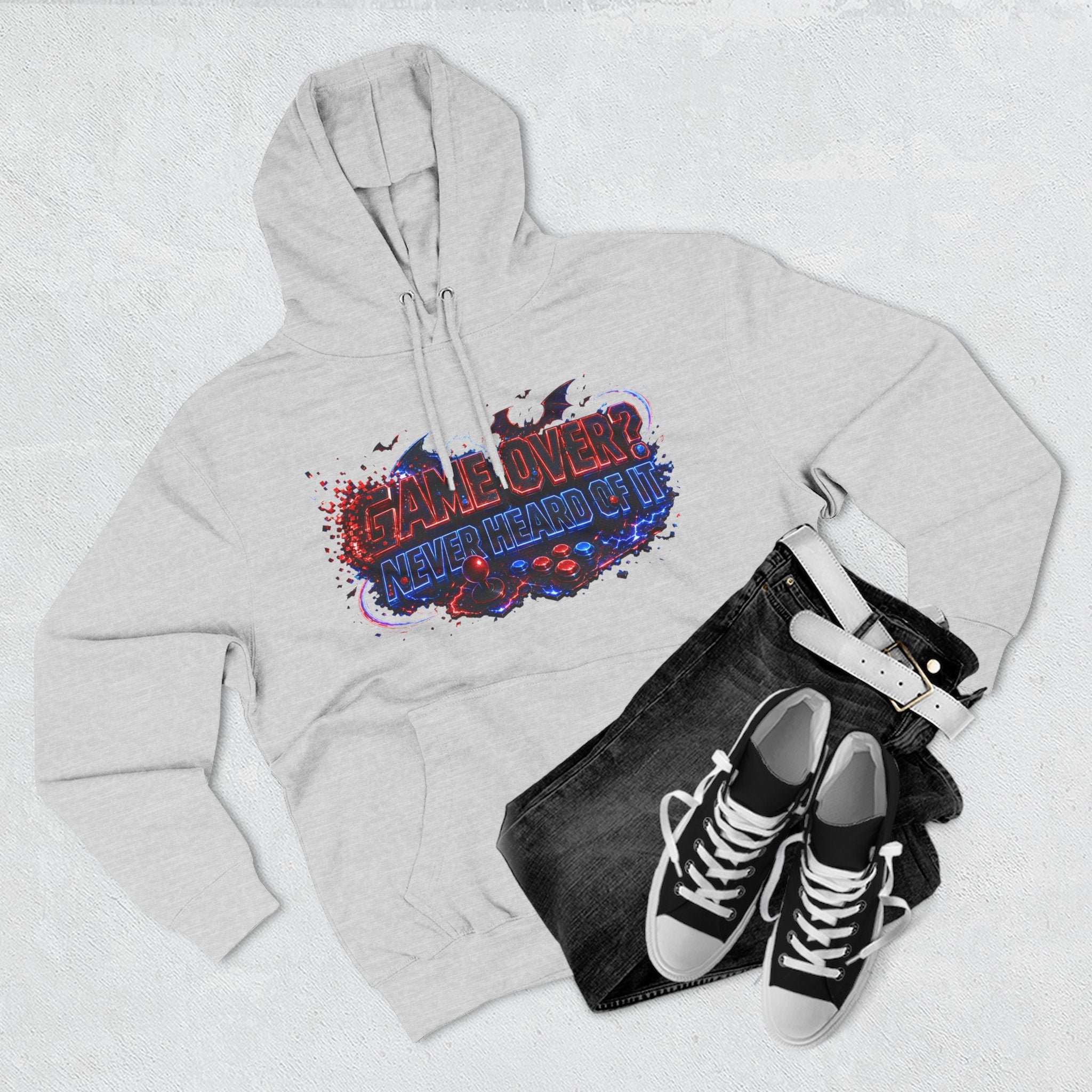 Game Over? Never Heard of It — Midnight Bat Arcade Halloween Hoodie | Adult Unisex