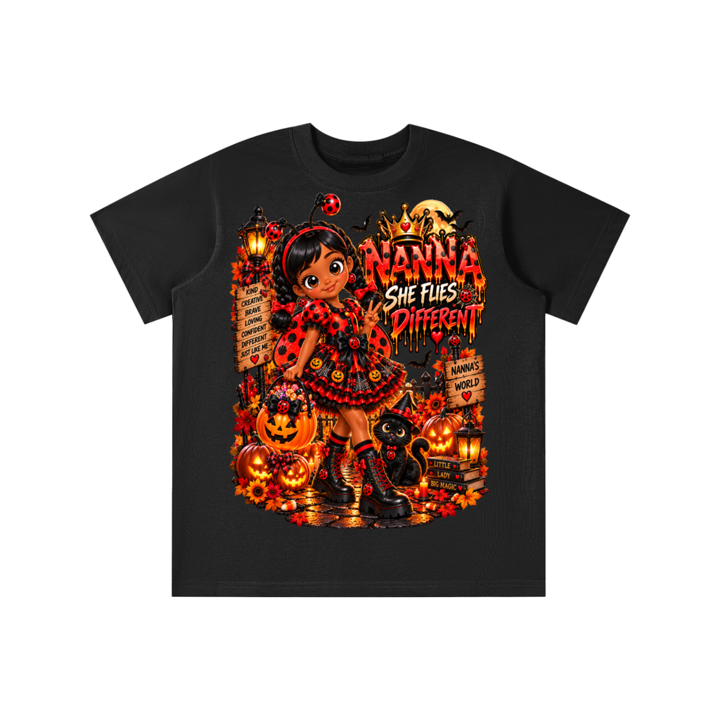 Nanna’s World™ Dream Big Halloween Ladybug Girl Graphic T-Shirt - She Flies Different - Youth Unisex Tee