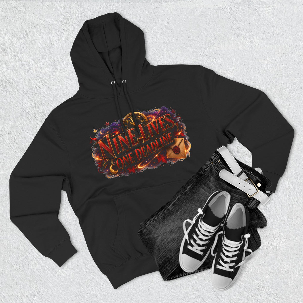 Nine Lives, One Deadline — Black Cat Spell Runner Halloween Hoodie | Adult Unisex