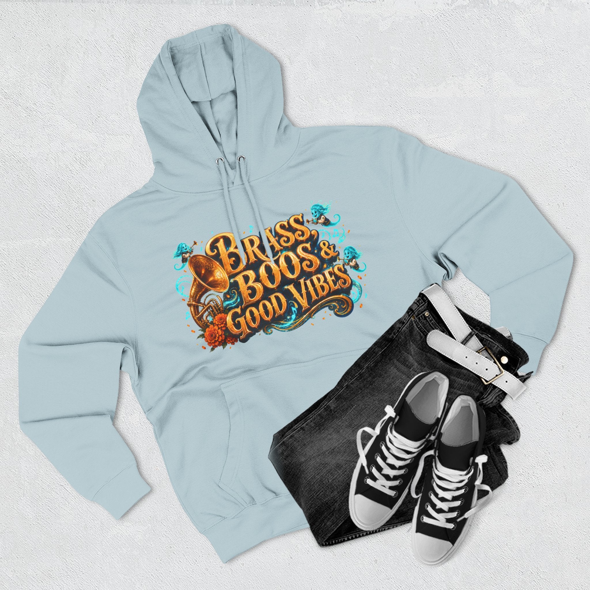 Brass, Boos & Good Vibes — Skeleton Brass Parade Halloween Hoodie | Adult Unisex