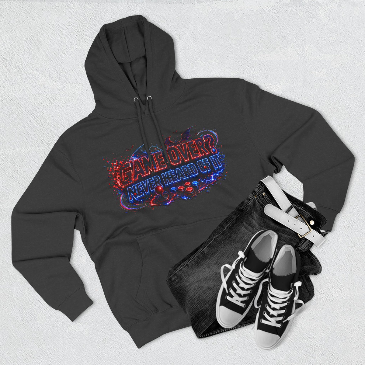 Game Over? Never Heard of It — Midnight Bat Arcade Halloween Hoodie | Adult Unisex