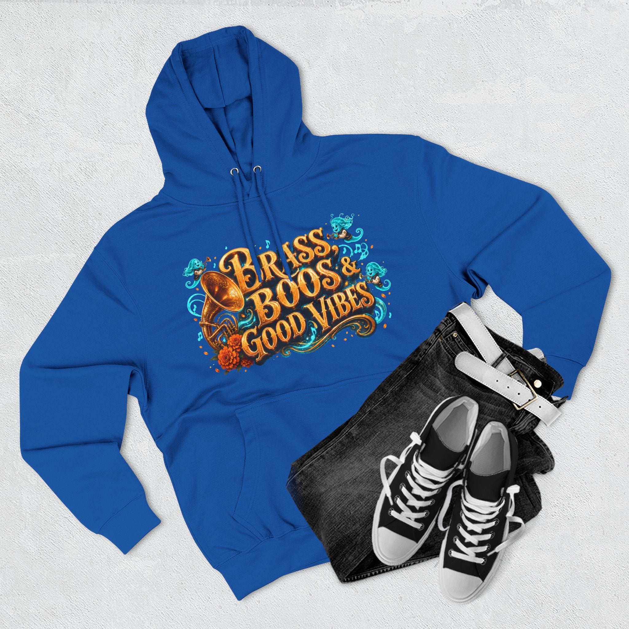 Brass, Boos & Good Vibes — Skeleton Brass Parade Halloween Hoodie | Adult Unisex