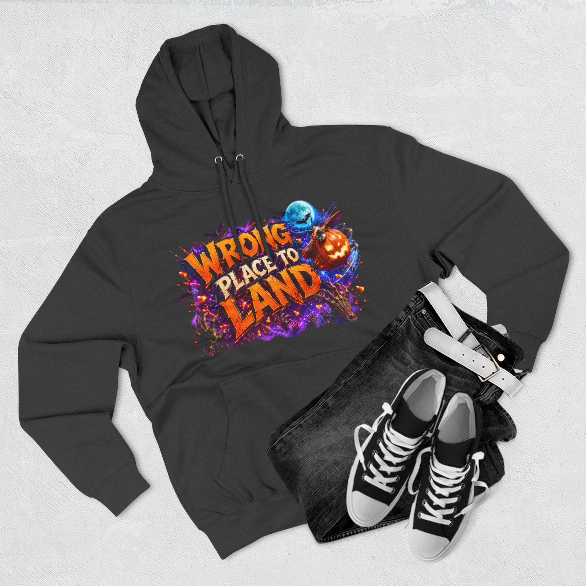 Wrong Place to Land — Candy Corn Sky Captain Halloween Hoodie | Adult Unisex