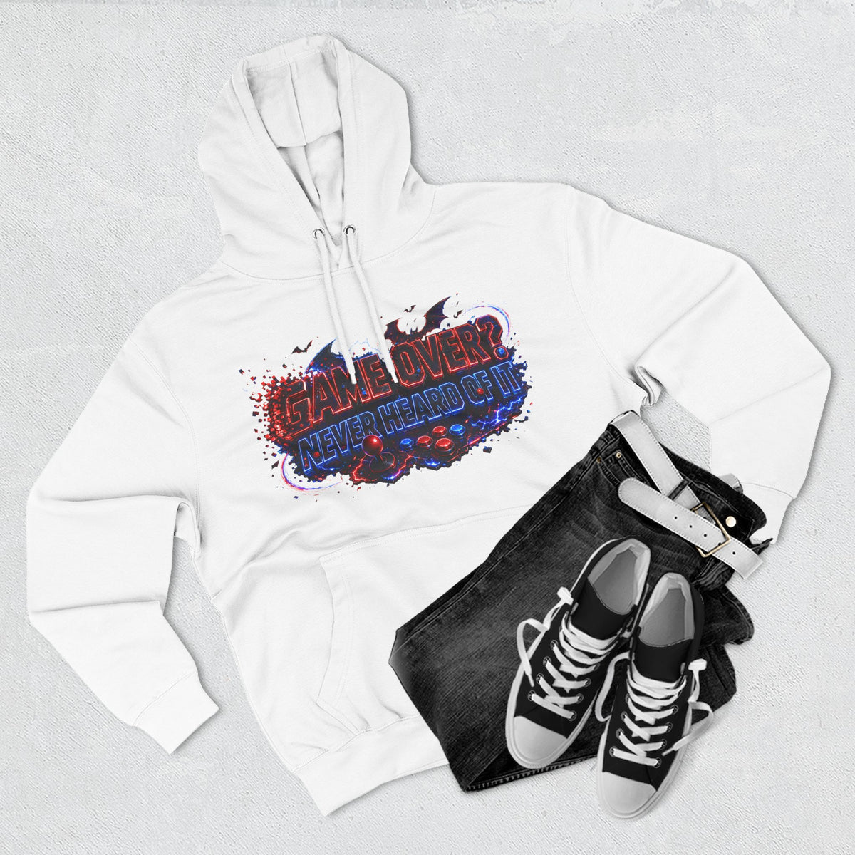 Game Over? Never Heard of It — Midnight Bat Arcade Halloween Hoodie | Adult Unisex