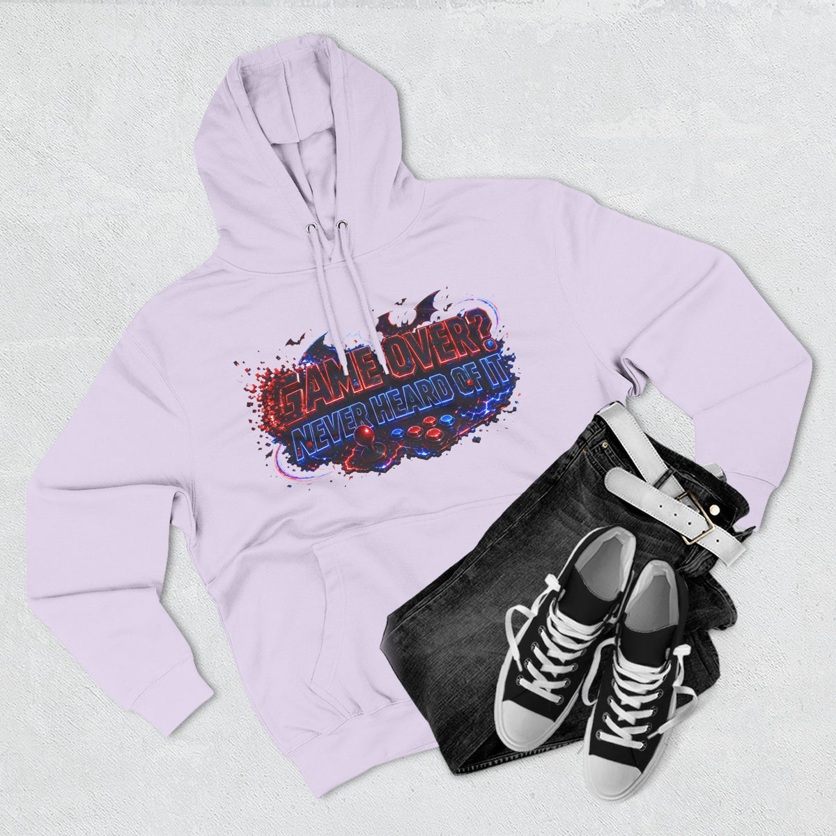 Game Over? Never Heard of It — Midnight Bat Arcade Halloween Hoodie | Adult Unisex