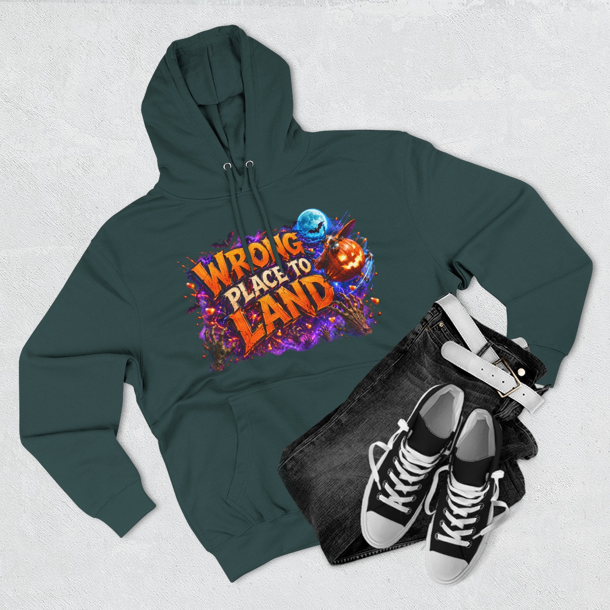 Wrong Place to Land — Candy Corn Sky Captain Halloween Hoodie | Adult Unisex