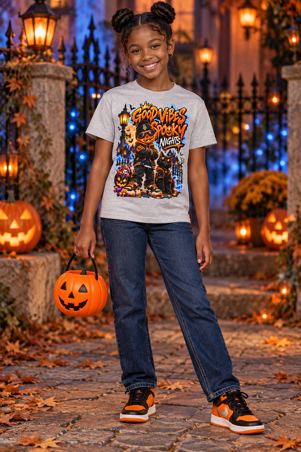 Halloween Pumpkin Kid Graphic T-Shirt - Good Vibes Spooky Nights - Youth Unisex Tee