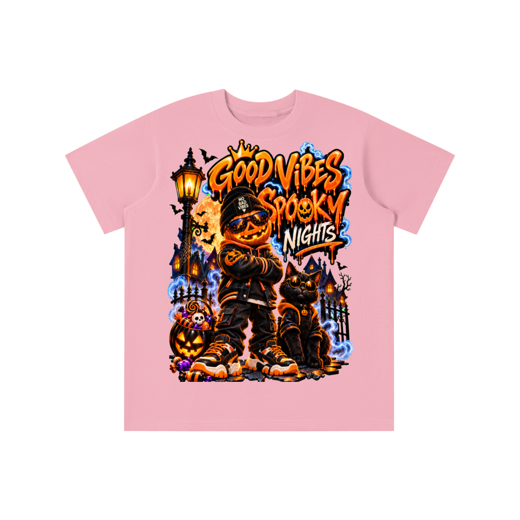 Halloween Pumpkin Kid Graphic T-Shirt - Good Vibes Spooky Nights - Youth Unisex Tee