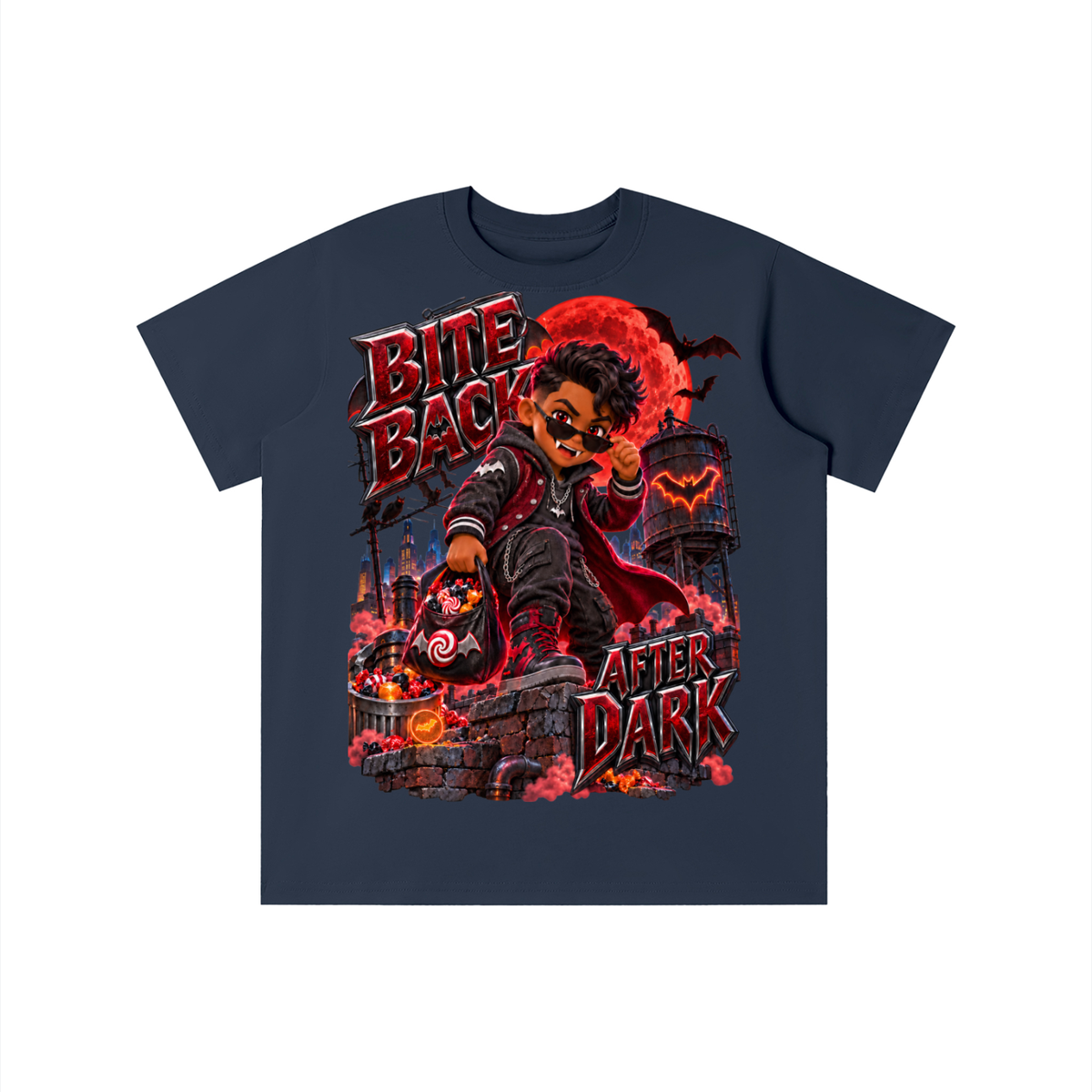 Halloween Vampire Kid Graphic T-Shirt - Bite Back After Dark - Youth Unisex Tee