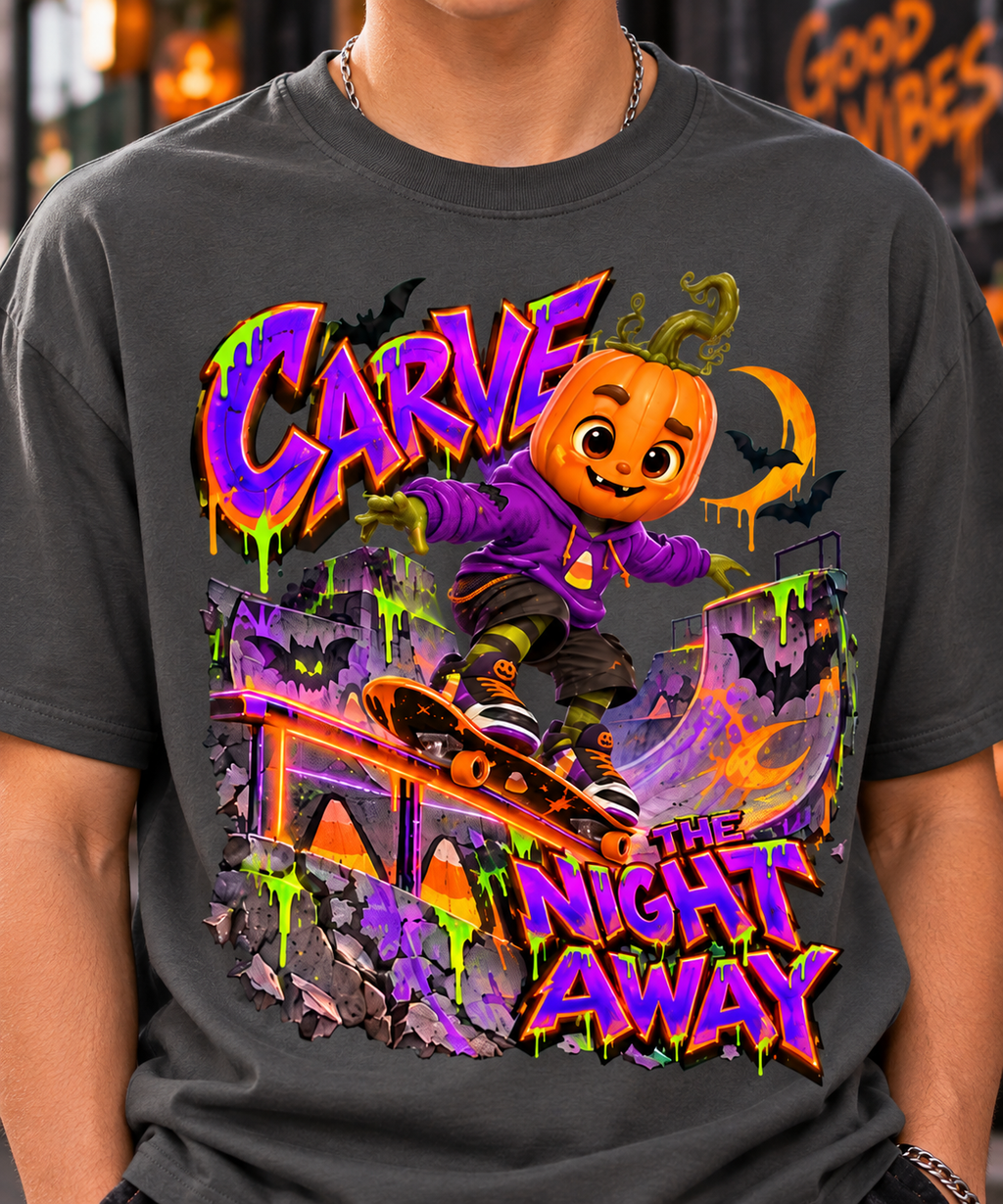 Halloween Pumpkin Skateboard Oversized Graphic T-Shirt - Carve the Night Away - Unisex