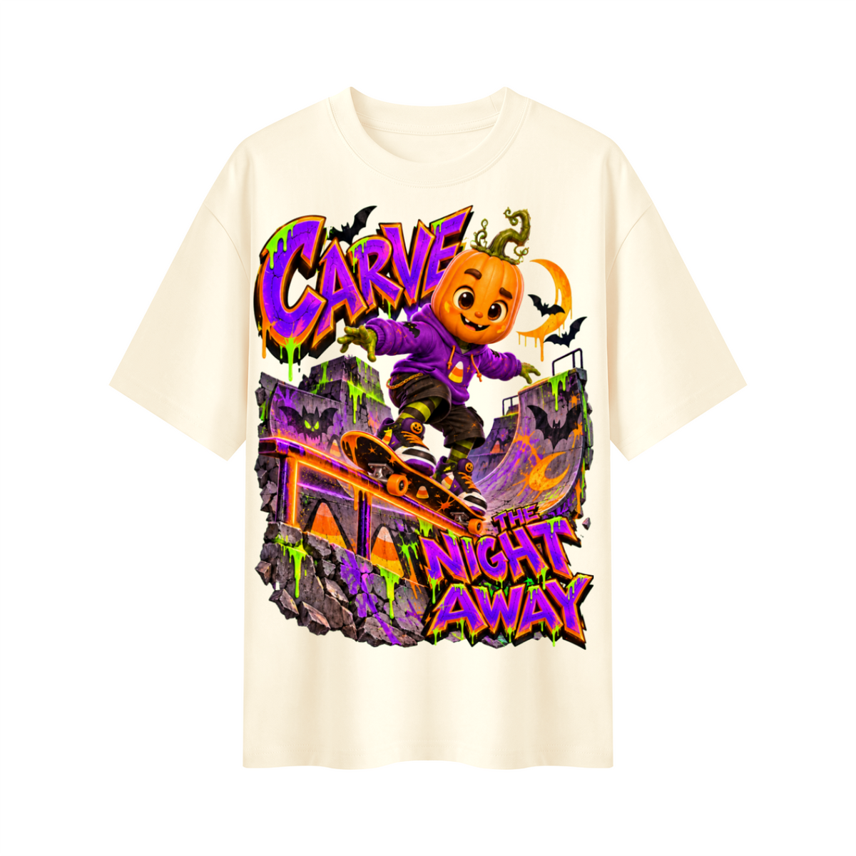Halloween Pumpkin Skateboard Oversized Graphic T-Shirt - Carve the Night Away - Unisex
