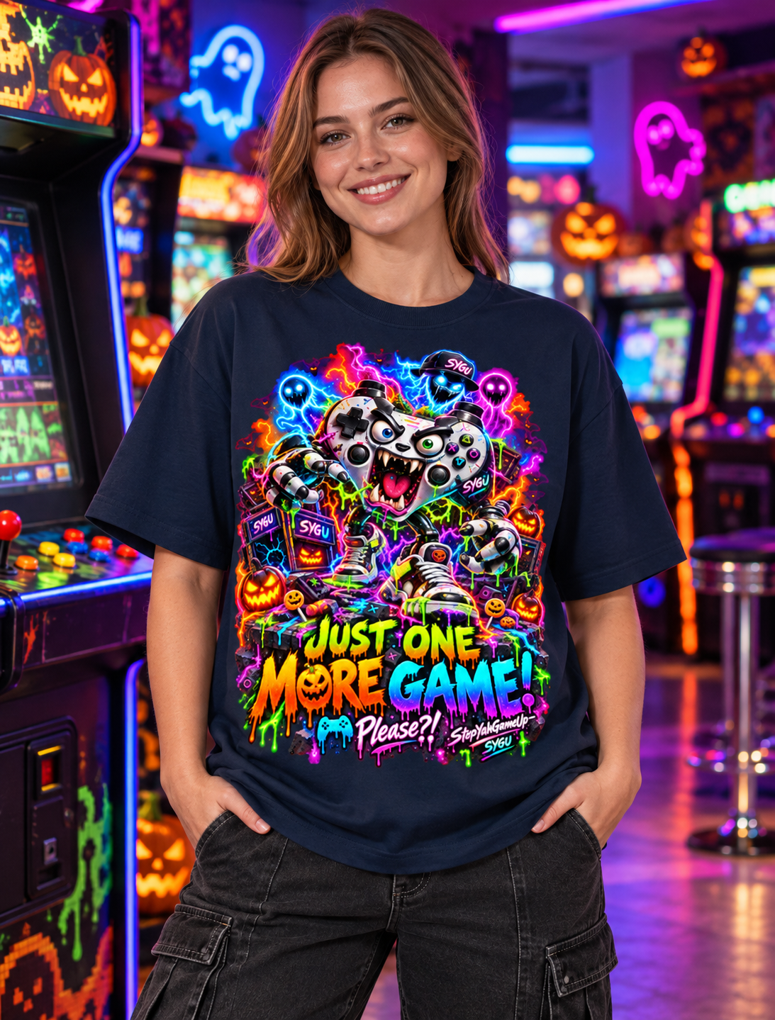 StepYahGameUp™ Halloween Just One More Game Please Oversized Graphic T-Shirt - Unisex