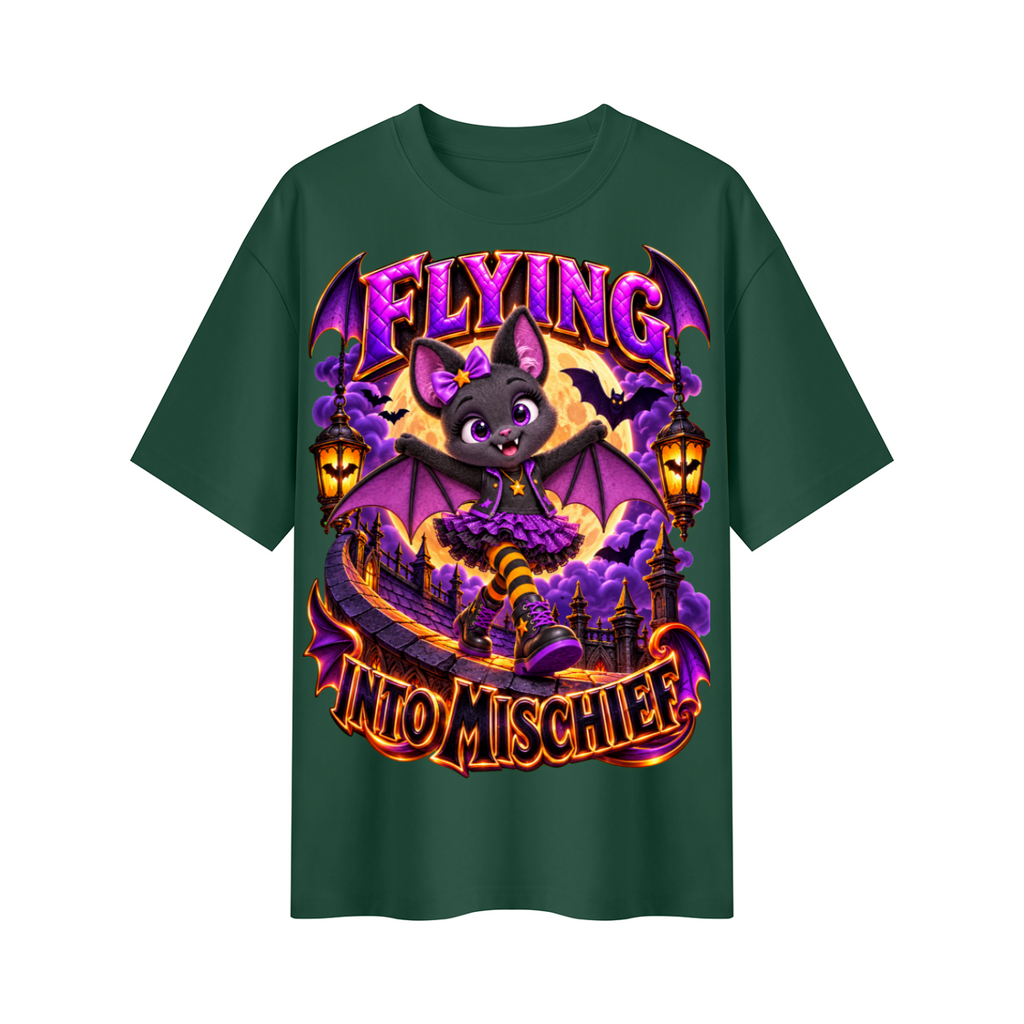 Halloween Bat Girl Oversized Graphic T-Shirt - Flying Into Mischief - Unisex