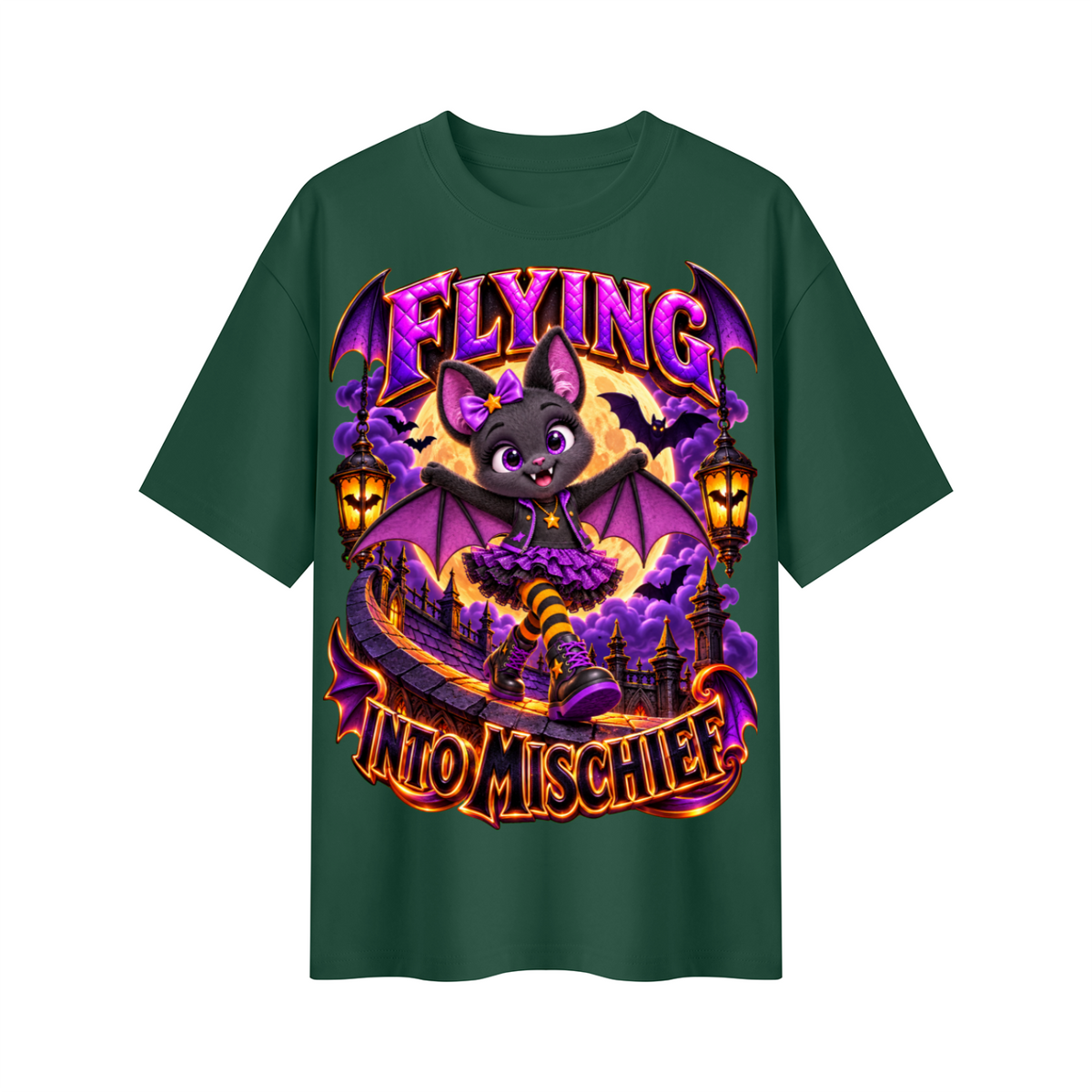 Halloween Bat Girl Oversized Graphic T-Shirt - Flying Into Mischief - Unisex