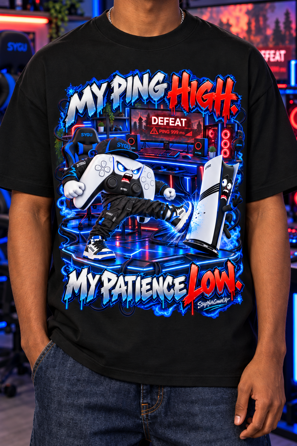 StepYahGameUp™ My Ping High My Patience Low Oversized Graphic T-Shirt - Unisex