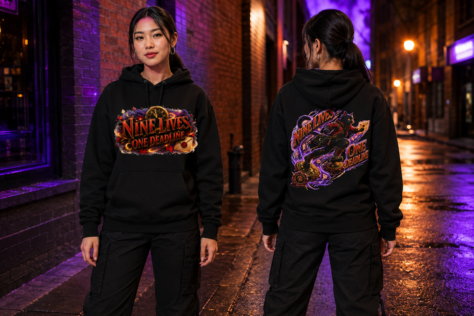 Nine Lives, One Deadline — Black Cat Spell Runner Halloween Hoodie | Adult Unisex