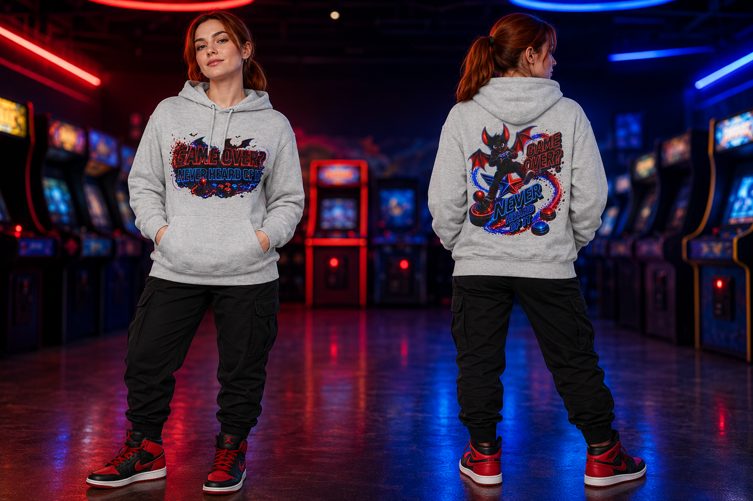 Game Over? Never Heard of It — Midnight Bat Arcade Halloween Hoodie | Adult Unisex