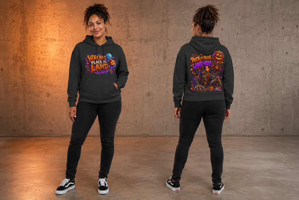 Wrong Place to Land — Candy Corn Sky Captain Halloween Hoodie | Adult Unisex