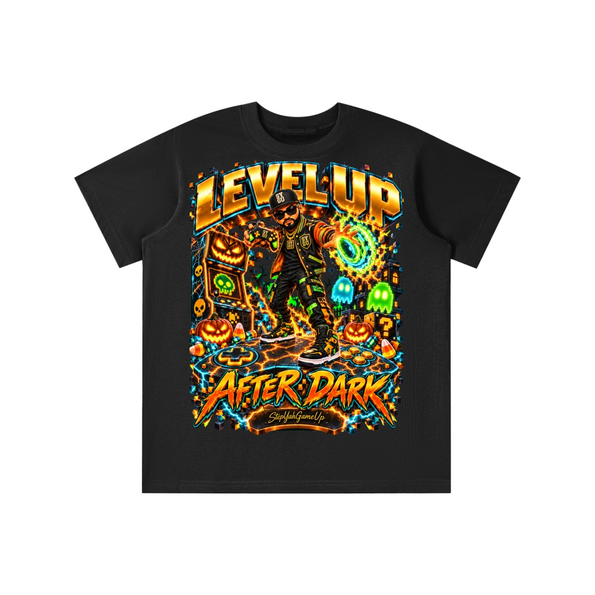 StepYahGameUp Halloween Arcade Gamer Graphic T-Shirt - Level Up After Dark - Youth Unisex Tee