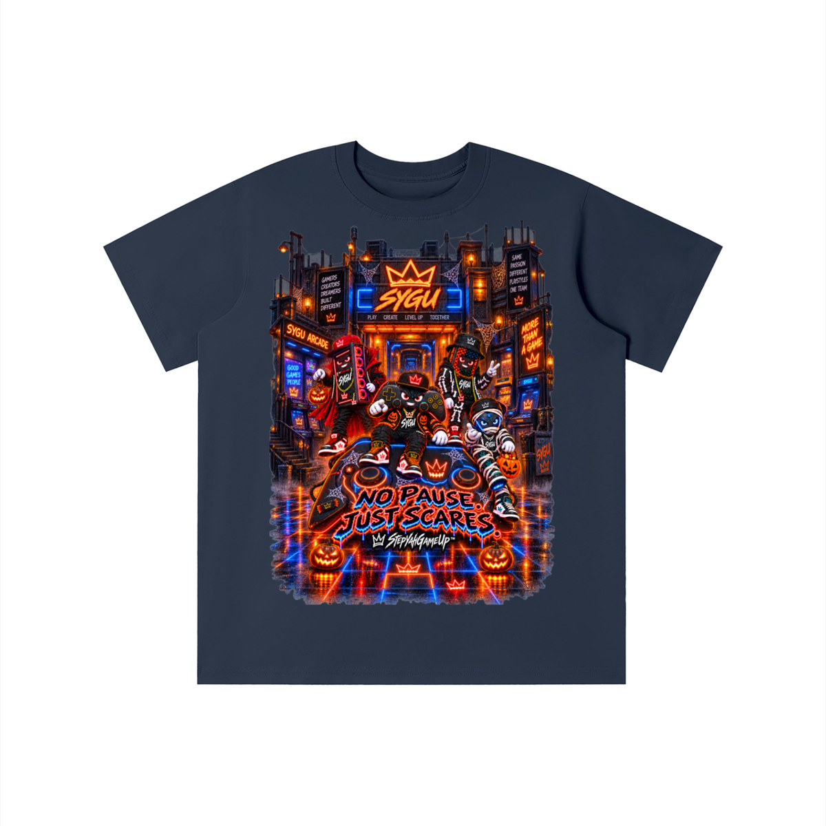 StepYahGameUp™ Halloween Gamer Graphic T-Shirt - No Pause Just Scares - Youth Unisex
