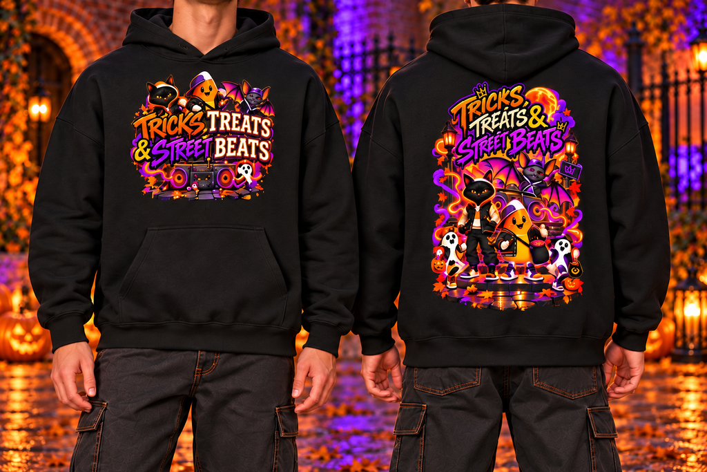 Halloween Tricks, Treats & Street Beats Front & Back Graphic Hoodie - Unisex