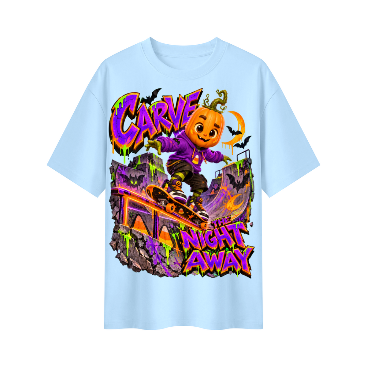 Halloween Pumpkin Skateboard Oversized Graphic T-Shirt - Carve the Night Away - Unisex