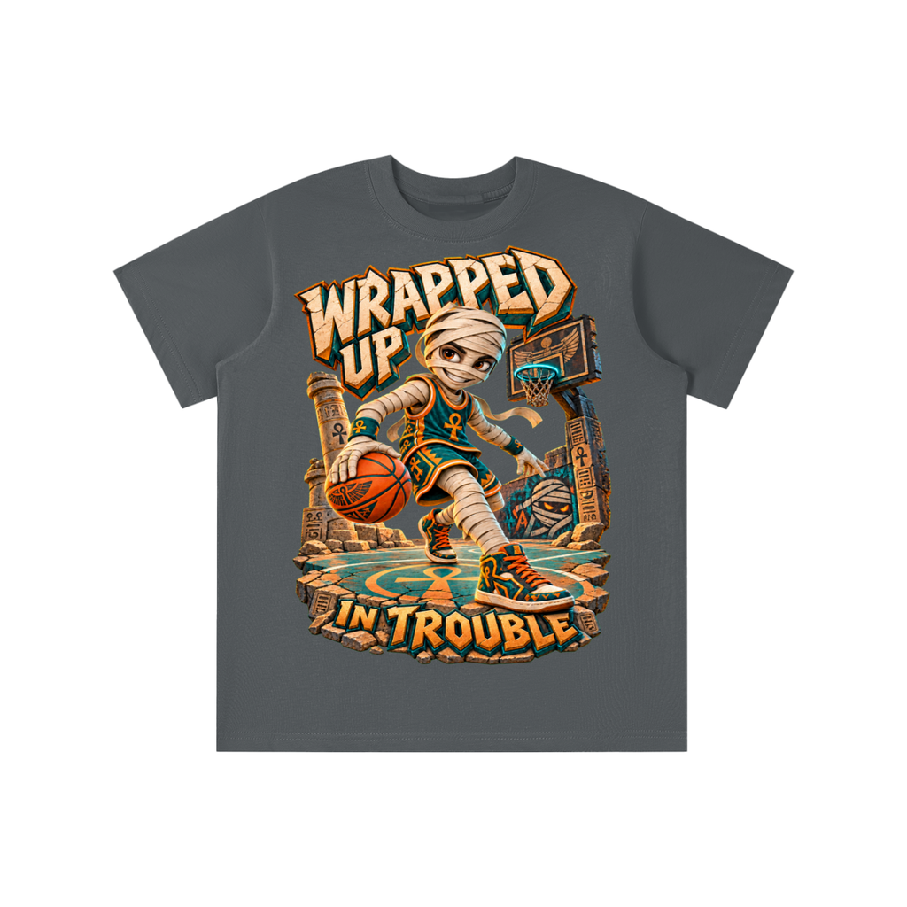 Halloween Mummy Basketball Graphic T-Shirt - Wrapped Up in Trouble - Youth Unisex Tee