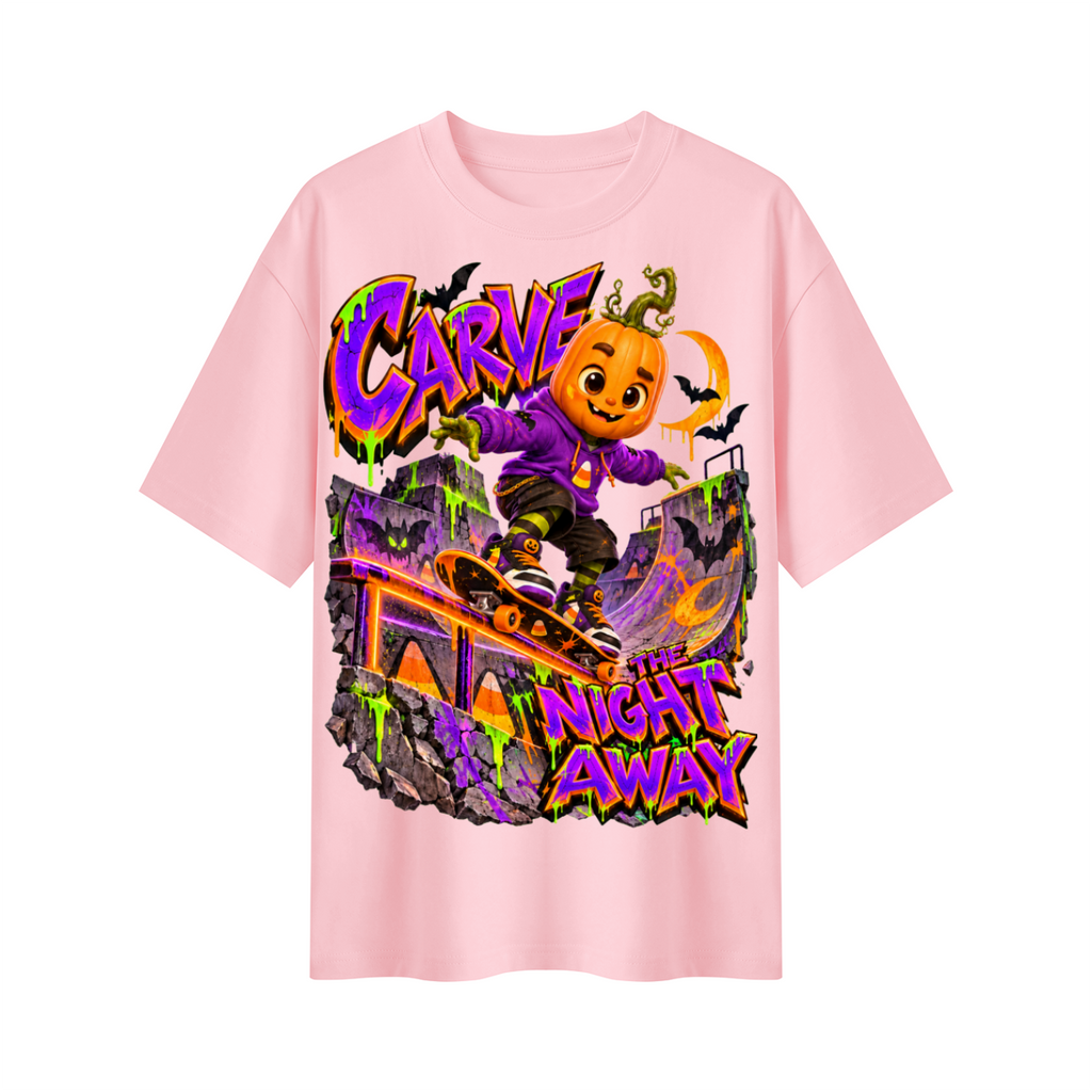 Halloween Pumpkin Skateboard Oversized Graphic T-Shirt - Carve the Night Away - Unisex