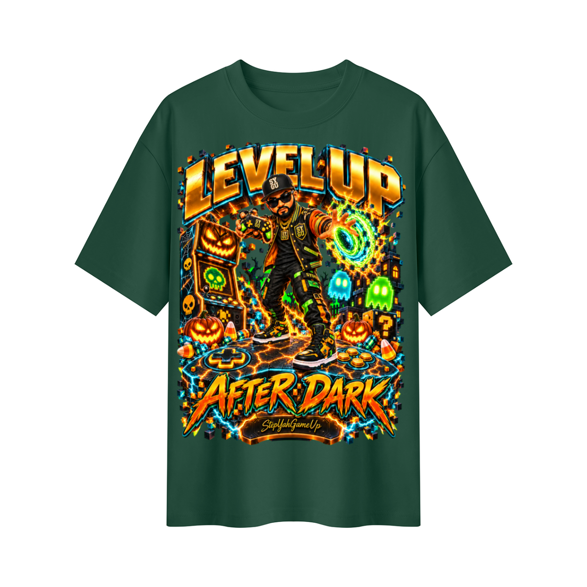 StepYahGameUp Halloween Arcade Gamer Oversized Graphic T-Shirt - Level Up After Dark - Unisex