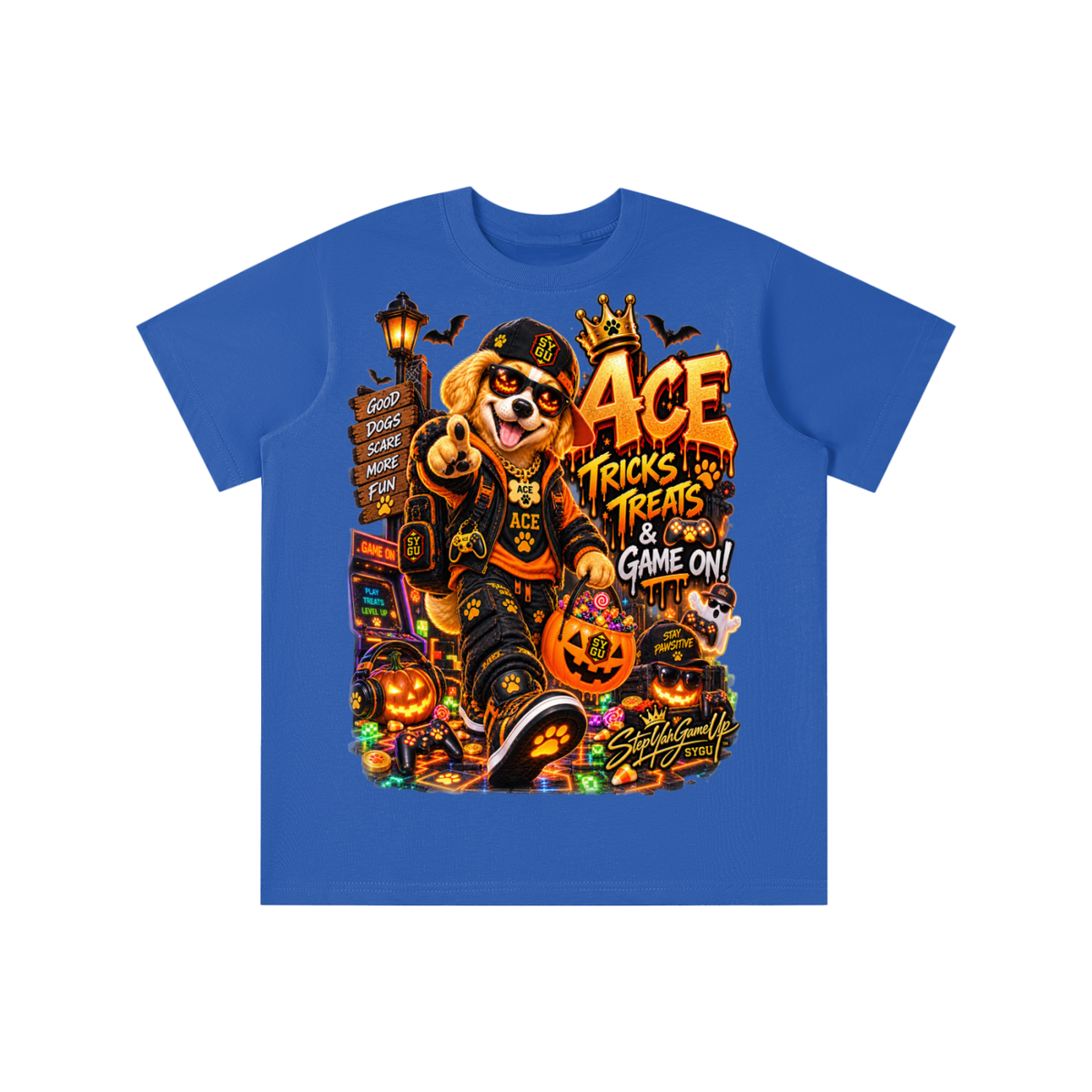 StepYahGameUp Halloween Gamer Dog Graphic T-Shirt - Tricks & Treats, Game On! - Youth Unisex Tee