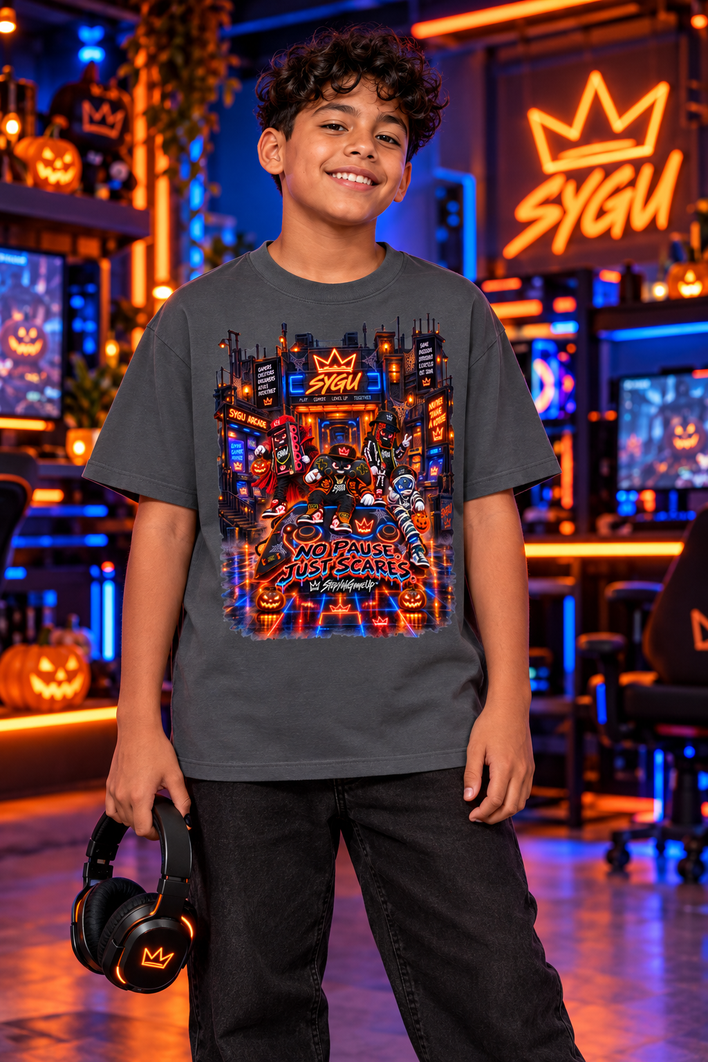 StepYahGameUp™ Halloween Gamer Graphic T-Shirt - No Pause Just Scares - Youth Unisex