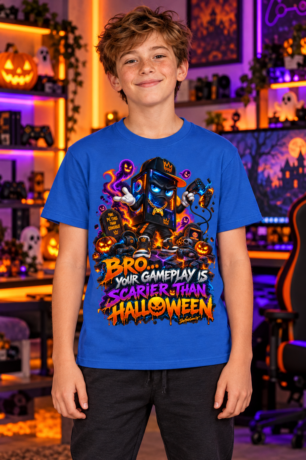 StepYahGameUp™ Halloween Bro Your Gameplay Is Scarier Than Halloween Graphic T-Shirt - Youth Unisex Tee