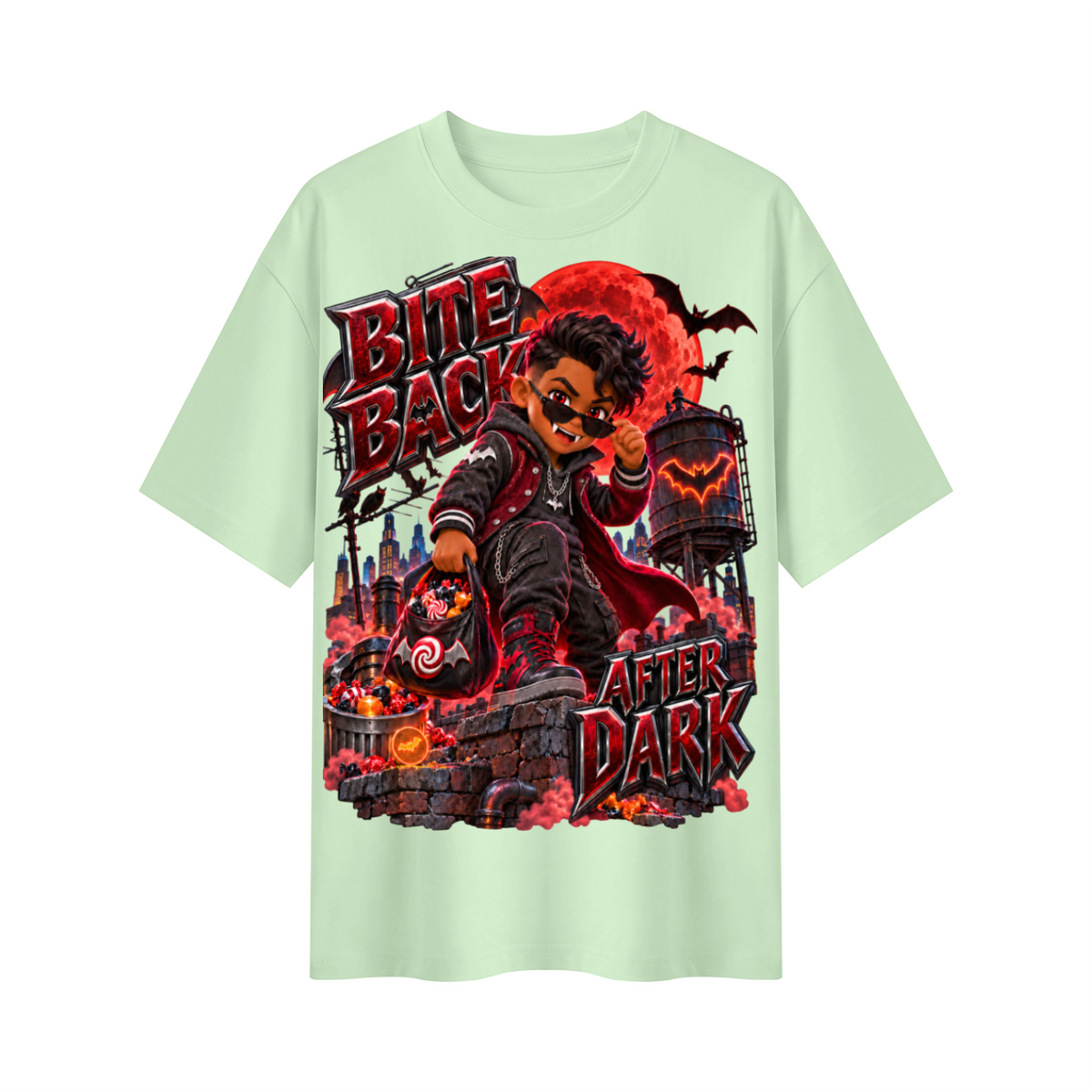 Halloween Kid Vampire Oversized Graphic T-Shirt - Bite Back After Dark - Unisex
