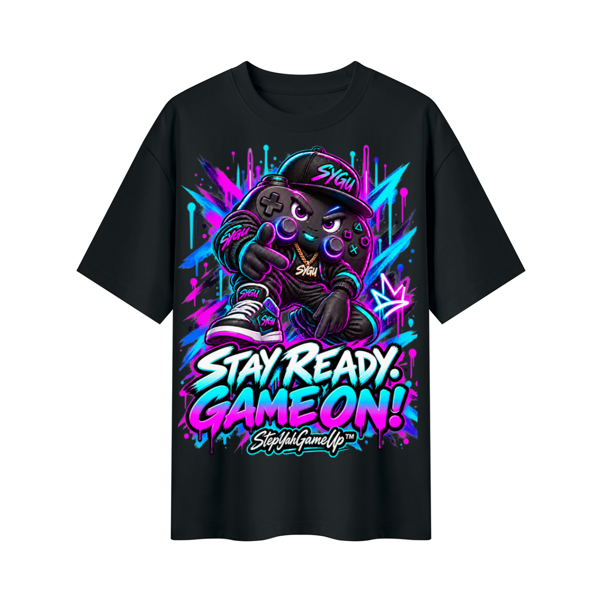 StepYahGameUp Graffiti Gamer Oversized Graphic T-Shirt - Stay Ready, Game On! - Unisex