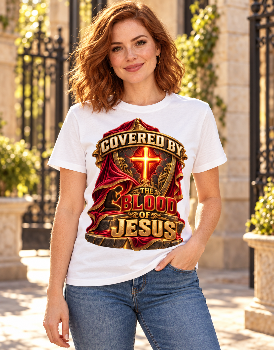Walk by Faith™ Covered by the Blood of Jesus Oversized Graphic T-Shirt - Unisex